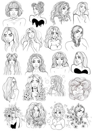Hand-drawn Portraits of Women with Various Hairstyles and Floral Elements Free Vector