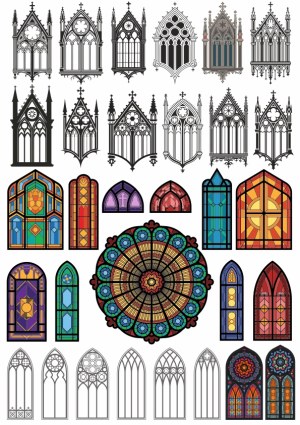 Gothic Church Window Vector Elements with Stained Glass Designs Free Vector