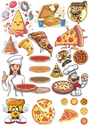 Fun and Cartoon Pizza Vector Illustrations with Chefs and Pizza Slices Free Vector