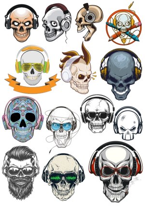 Collection of Skull Illustrations Wearing Headphones Free Vector