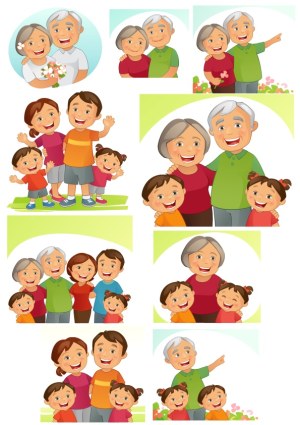 Happy Multi-Generational Family Cartoon Vector Set Free Vector
