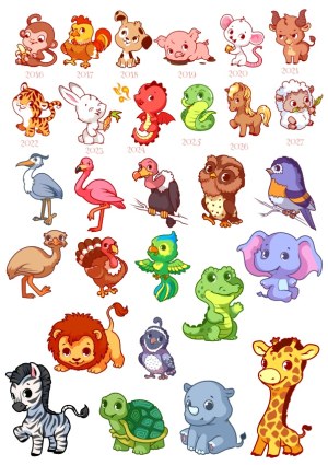Cute Cartoon Animals with Chinese Zodiac Years and Safari Animals Free Vector