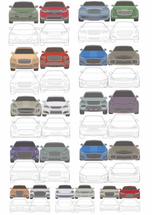 Collection of Front View Car Vectors with Color and Outline Variants Free Vector