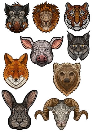 Mosaic Style Animal Head Vectors Including Lion, Tiger, Fox, Boar, Pig, Wolf, Bear, Rabbit, and Ram Free Vector