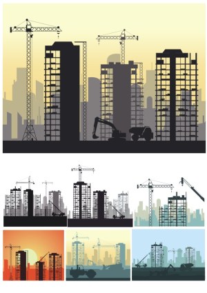 Urban Construction Sites with Cranes and Buildings at Various Times of Day Free Vector