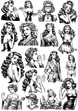 Vintage Pin-Up Style Women Collection Black and White Vector Illustrations Free Vector