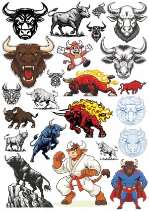 Bull and Buffalo Vector Collection with Cartoon and Tribal Designs Free Vector
