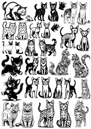 Collection of Detailed Black and White Cat Vector Illustrations Free Vector