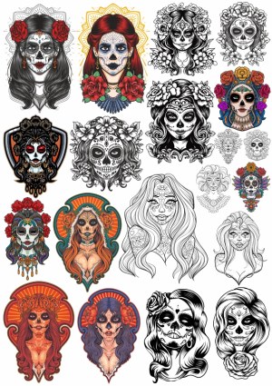 Day of the Dead Sugar Skull Female Portraits Vector Set Free Vector