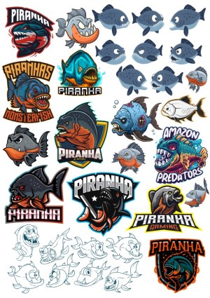 Collection of Cartoon and Mascot Piranha Vector Illustrations Free Vector