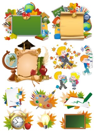 Back To School Educational Vector Illustrations with Kids and Autumn Leaves Free Vector