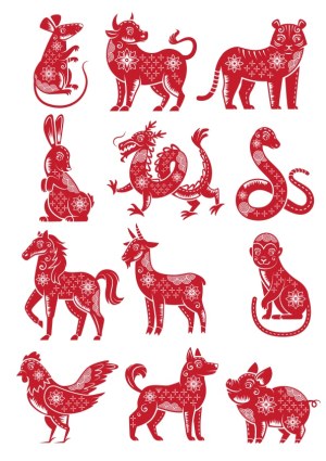 Red Chinese Zodiac Animals with Floral Patterns Vector Free Vector