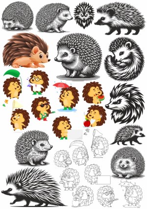 Hedgehog and Cartoon Porcupine Vector Illustration Set Free Vector