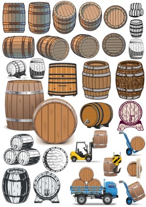 Vector Collection of Wooden Barrels with Transportation and Handling Equipment Free Vector