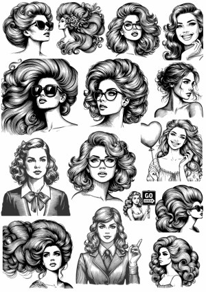 Vintage Style Black and White Vector Portraits of Women with Various Hairstyles and Accessories Free Vector