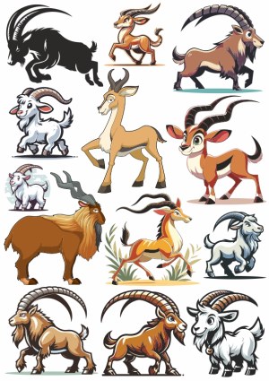 Set of Cartoon Caprine Animal Vectors with Horns and Different Poses Free Vector