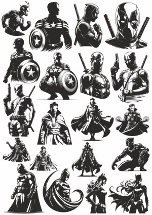 Black and White Comic Style Superheroes Silhouettes Set Free Vector