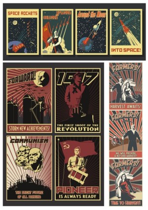Soviet Propaganda Style Posters Set with Space Rockets, Revolution, Communism, and Farmers Free Vector