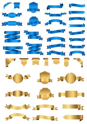 Collection of Blue and Gold Ribbon Banners and Labels Free Vector