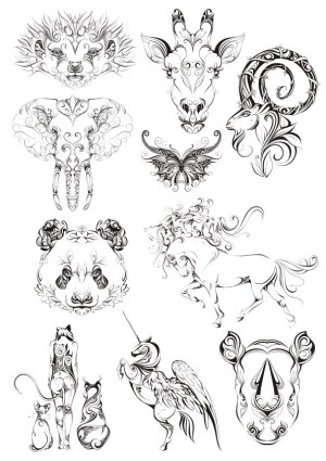 Intricate Tribal Animal and Fantasy Line Art Set Free Vector