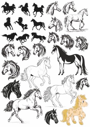 Black and White Horse Silhouettes and Sketches Vector Collection Free Vector