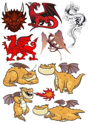 Variety of Red and Orange Dragon Illustrations in Different Styles Free Vector