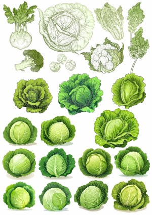 Detailed Vector Illustrations of Various Leafy Vegetables and Cabbage Varieties Free Vector