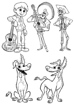 Black and White Cartoon Characters with Guitars and Dogs Free Vector