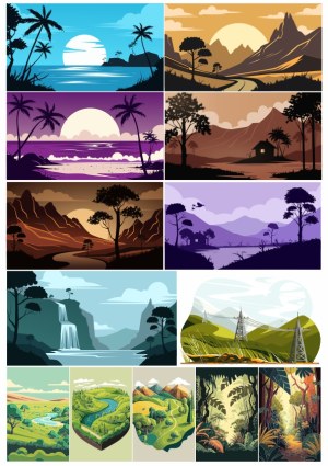 Collection of Vector Landscape Scenes with Mountains, Rivers, Waterfalls, and Forests Free Vector