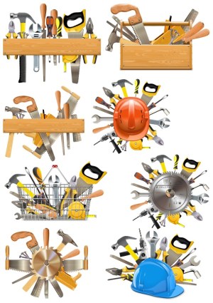 Construction and Carpentry Tool Vectors with Safety Helmets Free Vector