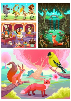 Whimsical Animal Scenes: Circus, Kitchen, Forest, and Waterfall Vectors Free Vector