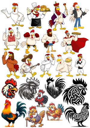 Collection of Cartoon and Stylized Rooster and Chicken Characters Free Vector