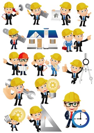 Construction and Engineering Worker Characters with Tools and Blueprints Free Vector
