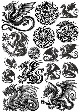 Black Fantasy Dragon Silhouettes and Tribal Designs Vector Set Free Vector
