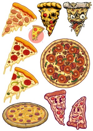 Variety of Vector Pizza Slices and Whole Pizzas with Artistic and Cartoon Styles Free Vector