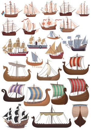 Collection of Historical Sailing Ships and Viking Longships Vector Set Free Vector
