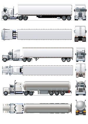 Detailed Vector Illustrations of Semi-Trucks with Dry Freight and Tanker Trailers Free Vector