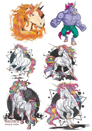 Colorful Unicorn Illustrations and Muscular Unicorn Character Vector Set Free Vector