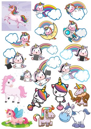Cute Unicorn Characters with Rainbows, Clouds, and Fantasy Elements Free Vector