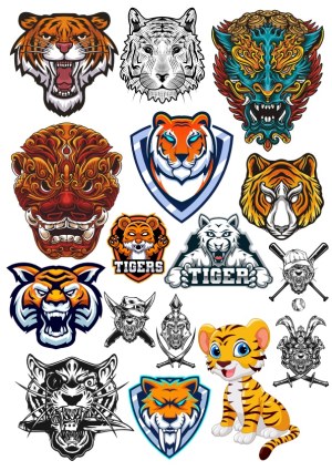 Collection of Stylized Tiger and Mythical Mask Vector Illustrations Free Vector