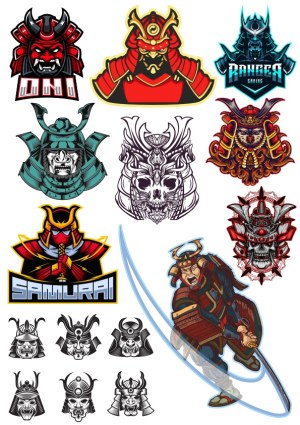 Samurai and Oni Helmet Vector Art Collection Free Vector