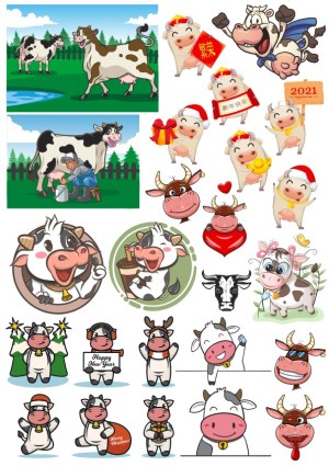 Collection of Cartoon and Realistic Cow Illustrations with Seasonal Themes Free Vector