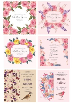 Floral Wedding Invitation Card Templates with Roses and Birds Free Vector