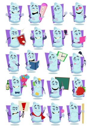 Set of Condom Cartoon Characters with Various Expressions and Actions Free Vector