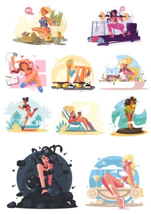 Collection of Women Engaged in Various Activities Vector Illustrations Free Vector