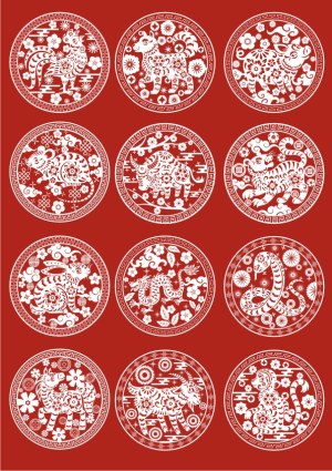 Chinese Zodiac Animal Circular Paper Cut Style Icons Free Vector