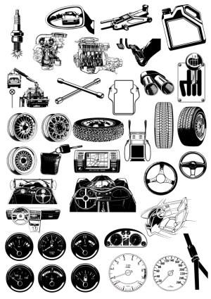 Black and White Automotive Parts and Dashboard Vector Set Free Vector