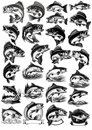 Black and White Bass Fish Vector Silhouettes Collection Free Vector