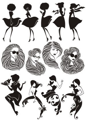 Silhouettes and Portraits of Stylish Women with Flowing Hair and Dresses Free Vector