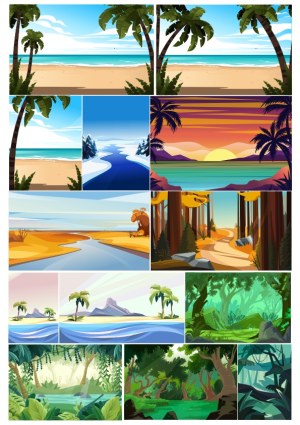 Set of Vector Landscapes Including Beach, River, Forest, and Sunset Scenes Free Vector